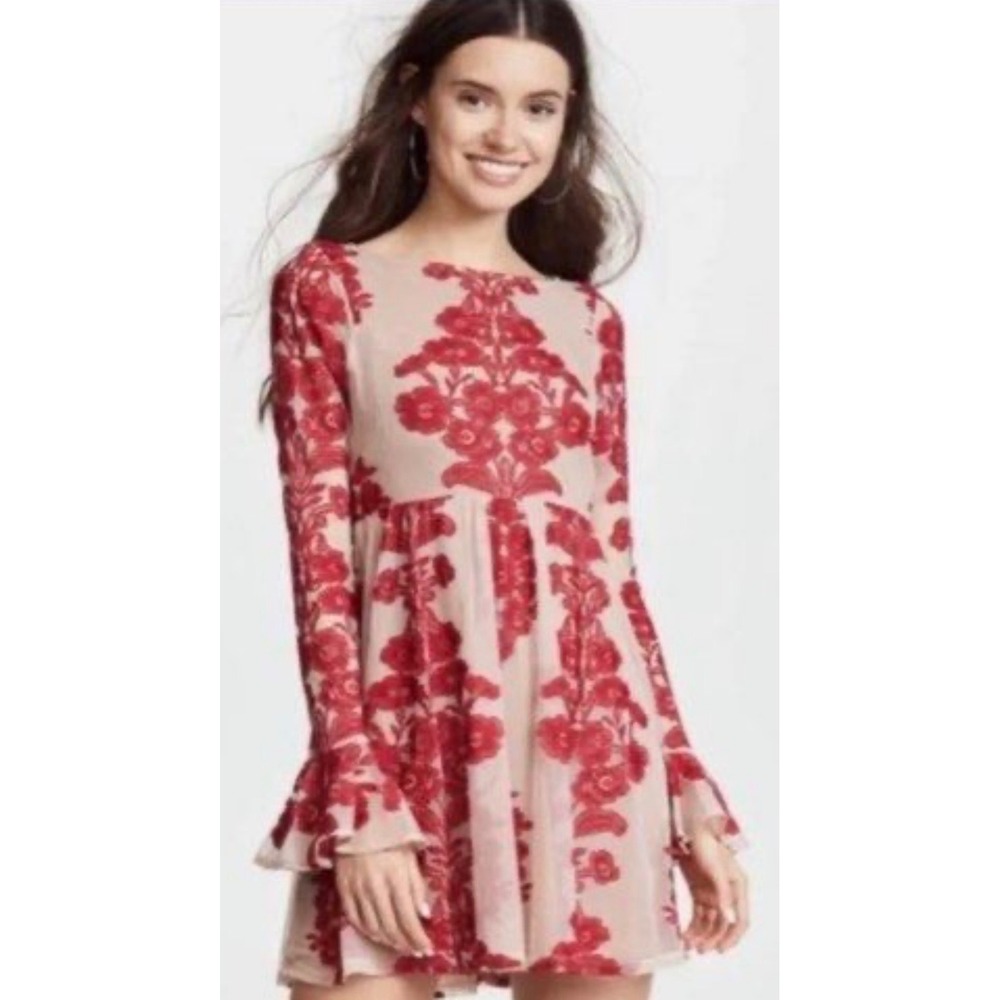 For Love & Lemons Temecula Embroidered Mini Dress Red Sand Bell Sleeve XS